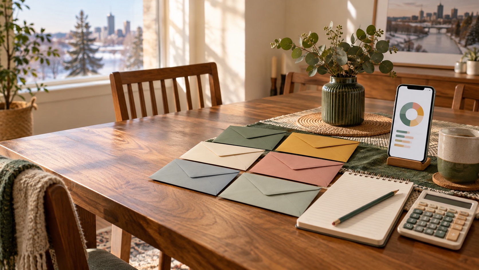Paper budgeting envelopes, a notebook and a phone on a sunlit table.